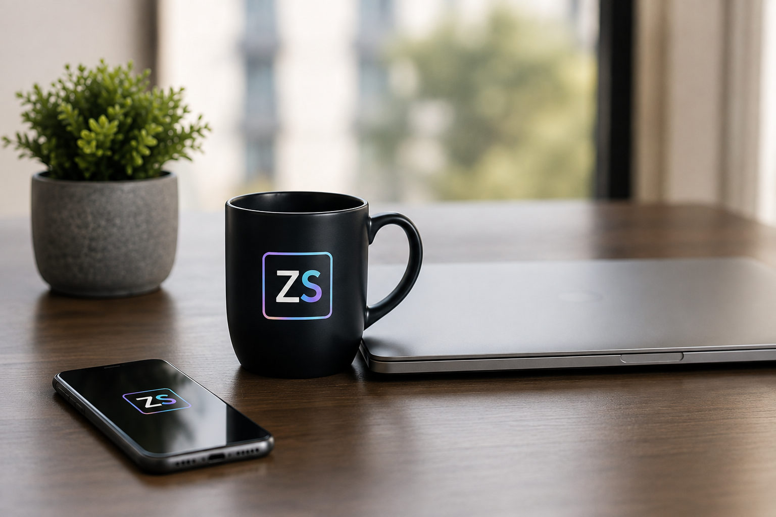 Professional workspace with Zynamic Solutions branding